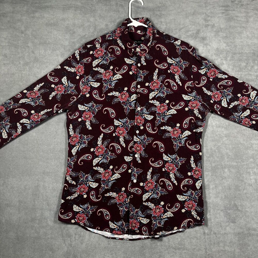 Zara Shirt Men's Large Burgundy Paisley Classic Long Sleeve Collared Button-Up